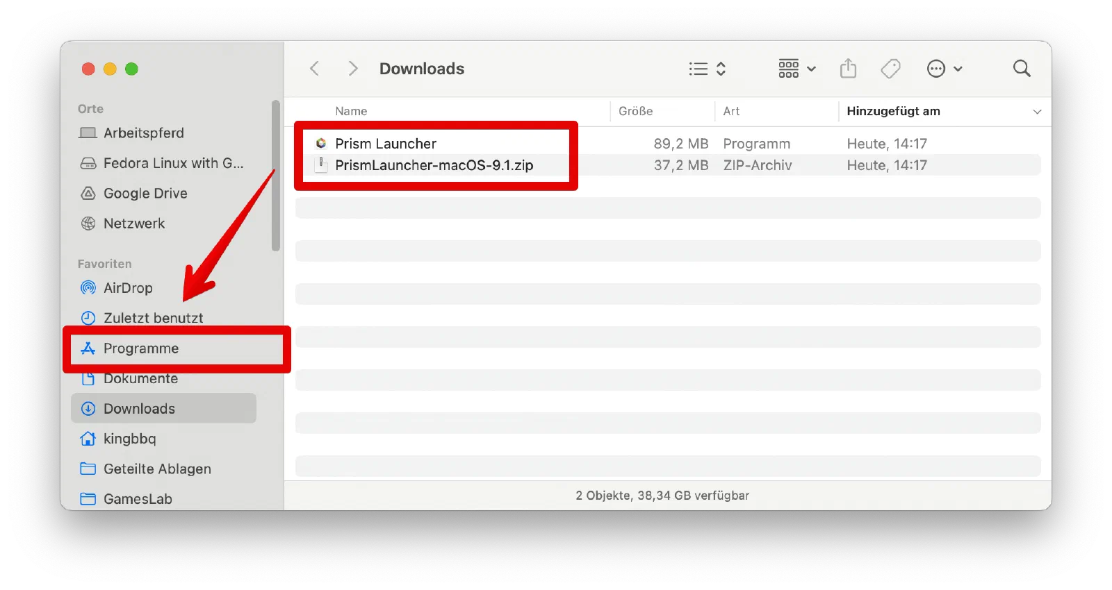 Programm entpacken und in Programme verschieben